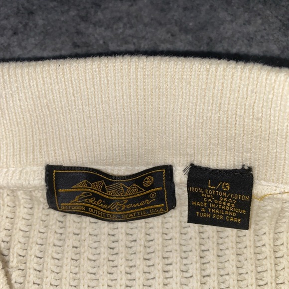 Eddie Bauer Sweater Mens L Cream Cotton Long Sleeve Fisherman Henley Knit Heavy - Picture 3 of 9